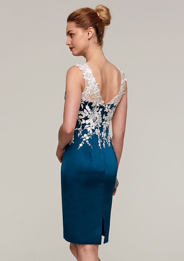 Classic Vintage Wedding Guest Dresses Satin Sheath/Column Scoop Neck Sleeveless Lace Appliqued With Half Sleeve Jacket Knee-Length Bargain Mother of the Bride Dress
