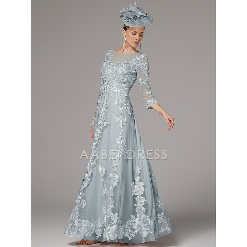 AABEI DRESS Wedding Guest Dress Exquisite A-Line Jewel Neck 3/4 Length Sleeve Beach Wedding Floor Length Lace Pleats Appliques Gorgeous Mother of the Bride Dress