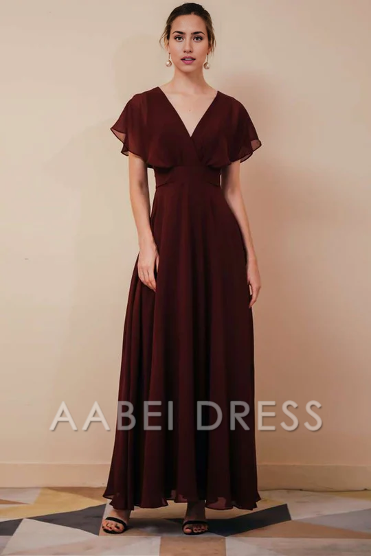 AABEI DRESS High Quality Mother of The Bride Dress Chiffon A Line V-Neck Dress with Ruffled Sleeve Elegant Simple Formal Dresses