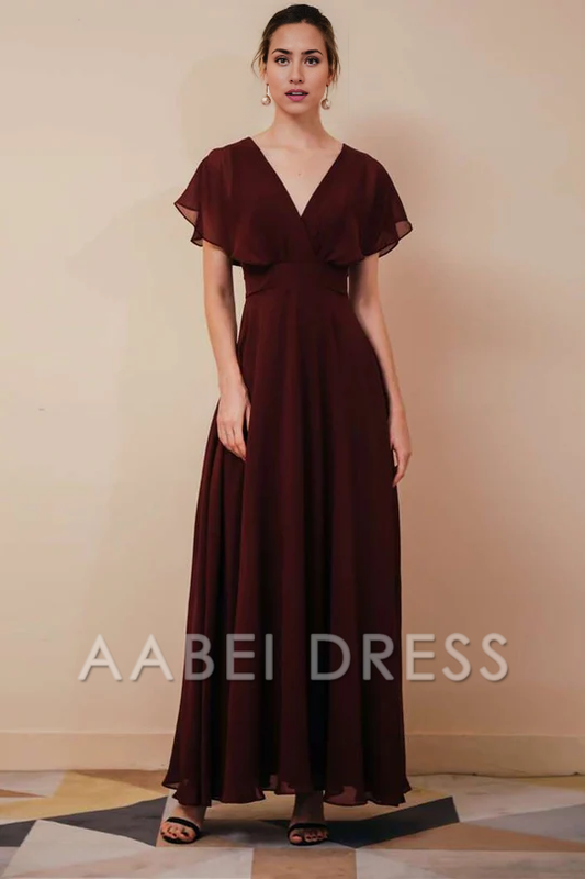 AABEI DRESS High Quality Mother of The Bride Dress Chiffon A Line V-Neck Dress with Ruffled Sleeve Elegant Simple Formal Dresses