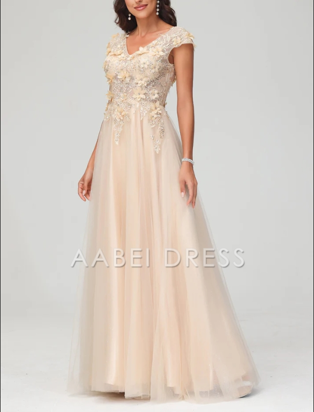 AABEI DRESS A-Line V Neck Cap Sleeves See-through Applique Tulle Floor Length Dress Elegant Evening Dress