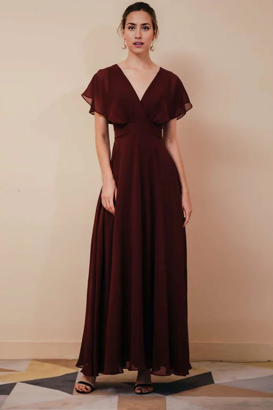 AABEI DRESS High Quality Mother of The Bride Dress Chiffon A Line V-Neck Dress with Ruffled Sleeve Elegant Simple Formal Dresses