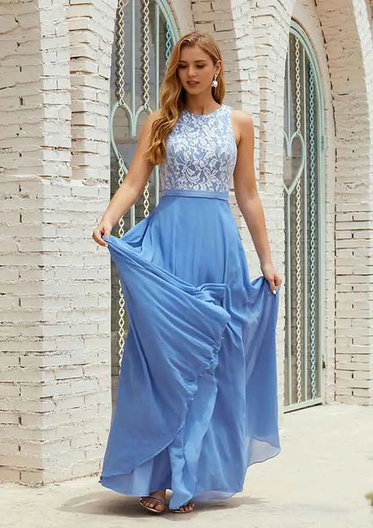 Elegant Chiffon Lace A-line Scoop Neck Sleeveless With Pockets Ruched Affordable Floor-Length Bridesmaid Dress