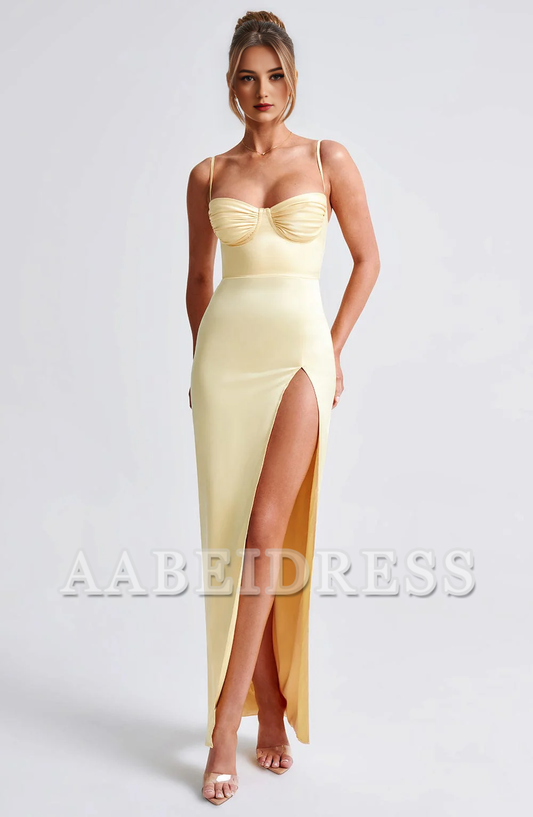 Formal Wear Dresses Bridesmaid Dresses Spaghetti Strap Pleated cups Body Hugging Thigh High Split Dresses Wedding Guests Dresses