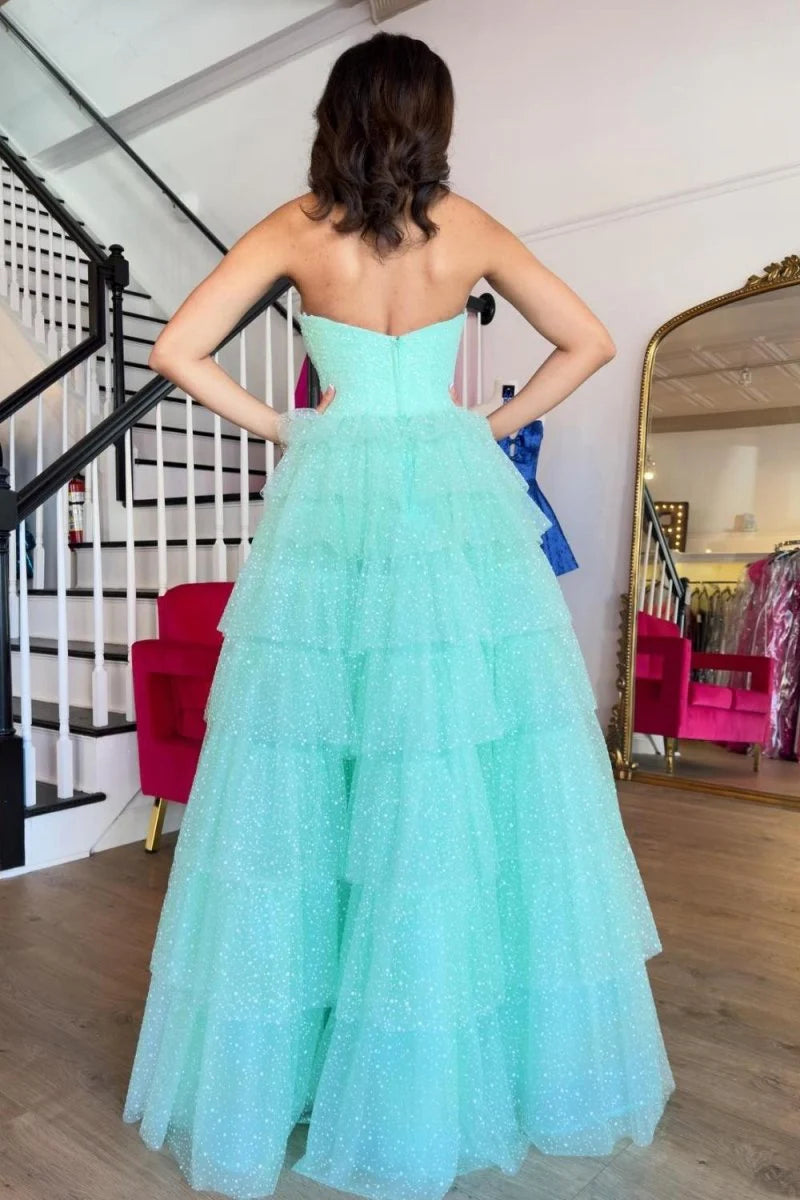 Aqua Blue Sparkle Tulle A-Line Strapless Sweetheart Neckline Tiered Ruched with Slit Gorgeous Wedding Guest Dress Long Hot Sale Prom Dresses