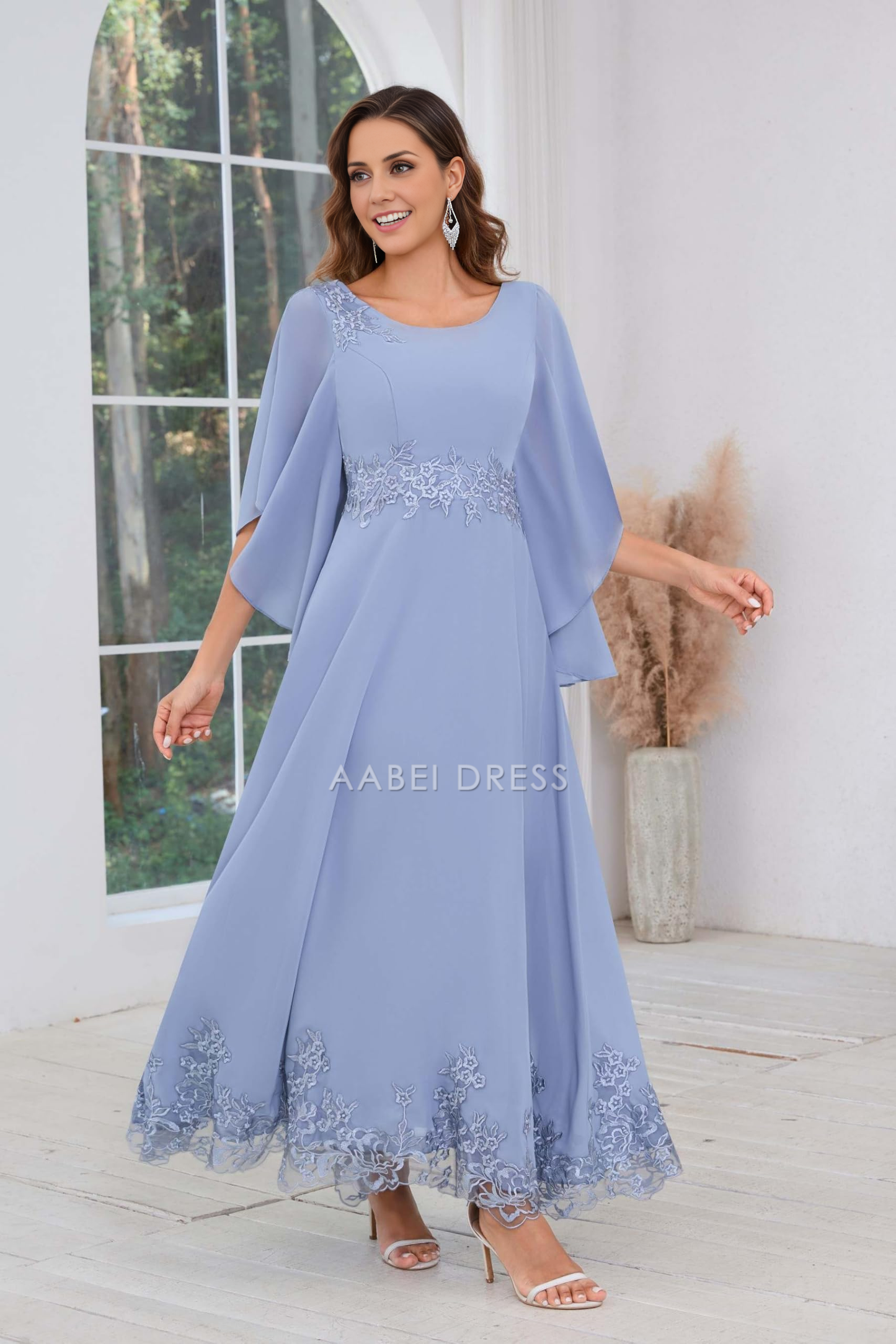 AABEI DRESS High Quality Mother of The Bride Dress A Line Chiffon Ankle Length Flutter Sleeve Lace Applique Dresses Formal Dresses