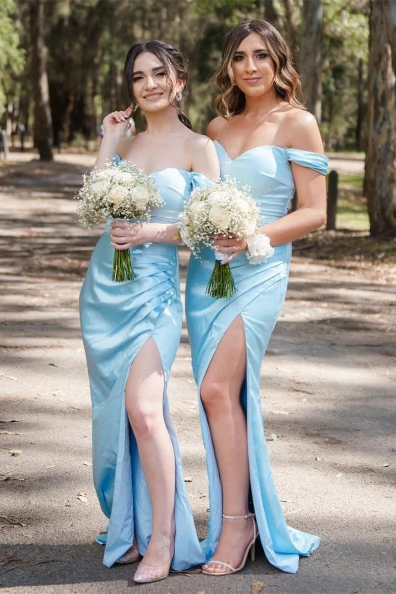 Bridesmaid Dress Off-the-Shoulder Pleated Long with Slit
