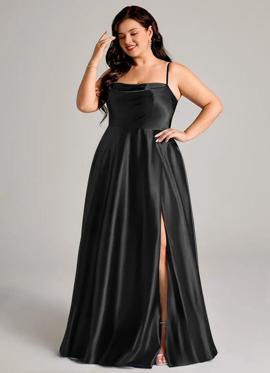 Wedding Guests Dresses Simple Black A-Line Spaghetti Strap Sleeveless with Pockets Side Fork Ruched Backless Floor-Length Plus Size Formal Dress Discount Hot Sale Prom Dress