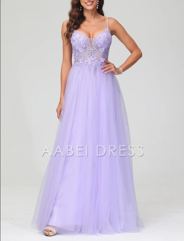 AABEI DRESS Charming A-Line V Neck Spaghetti Straps Tulle Applique Long Dress Exquisite Evening Dress