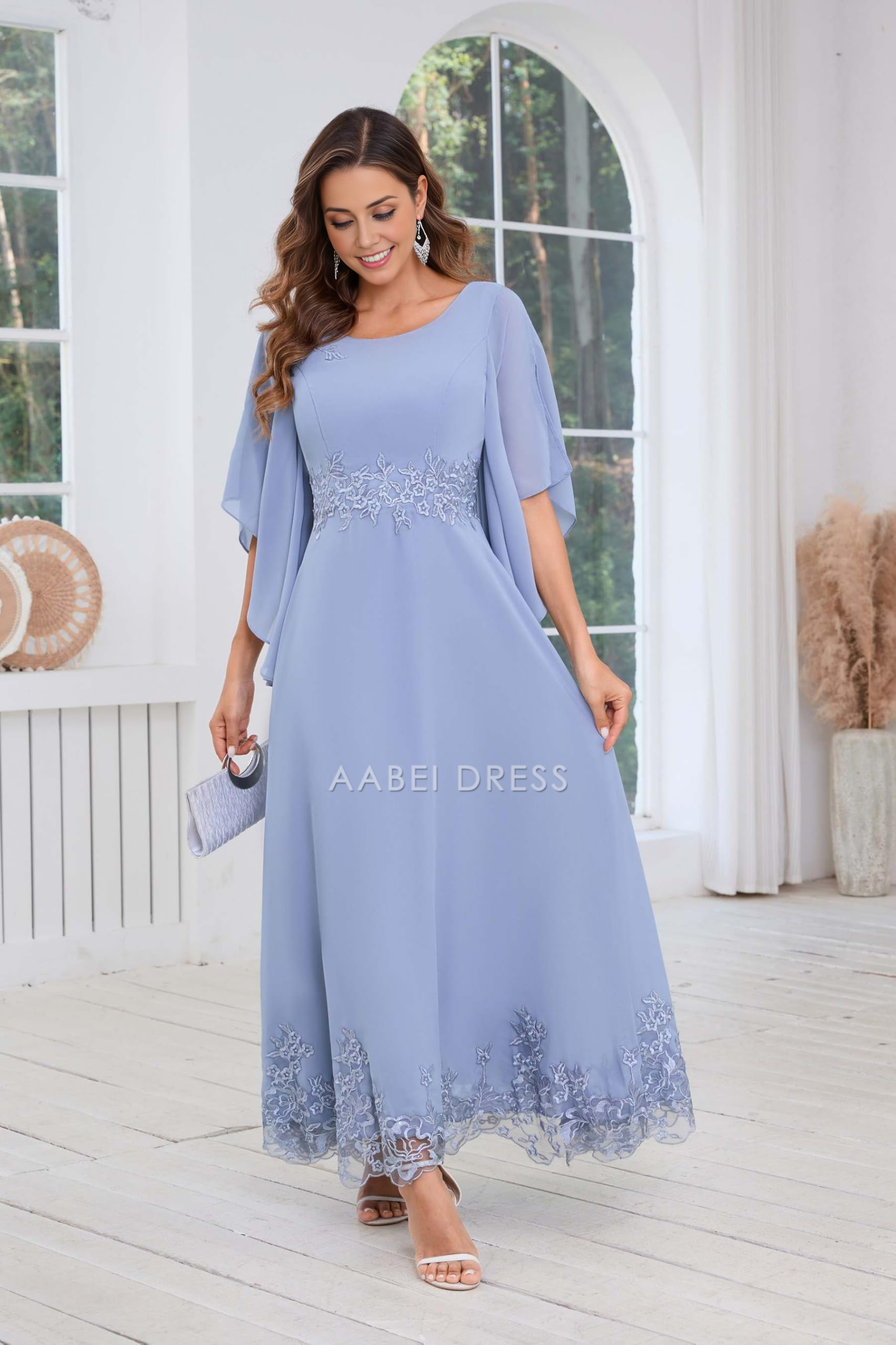 AABEI DRESS High Quality Mother of The Bride Dress A Line Chiffon Ankle Length Flutter Sleeve Lace Applique Dresses Formal Dresses