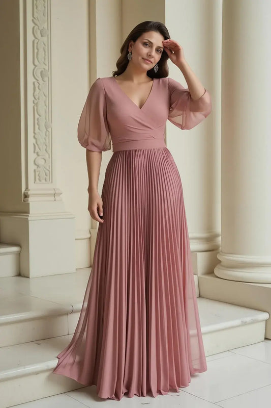 Exquisite Dusty Rose Chiffon A Line V Neck Transparent Half Sleeve Pleated Dress Fashion Long Wedding Guest Dress Hot Sale Mother of the Bride Dresses