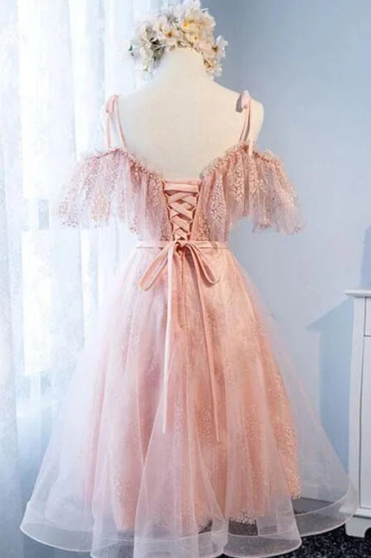 AABEI DRESS Homecoming Dress A Line Spaghetti Strap Tulle Lace Cute Short Pearls Charming Prom Dress