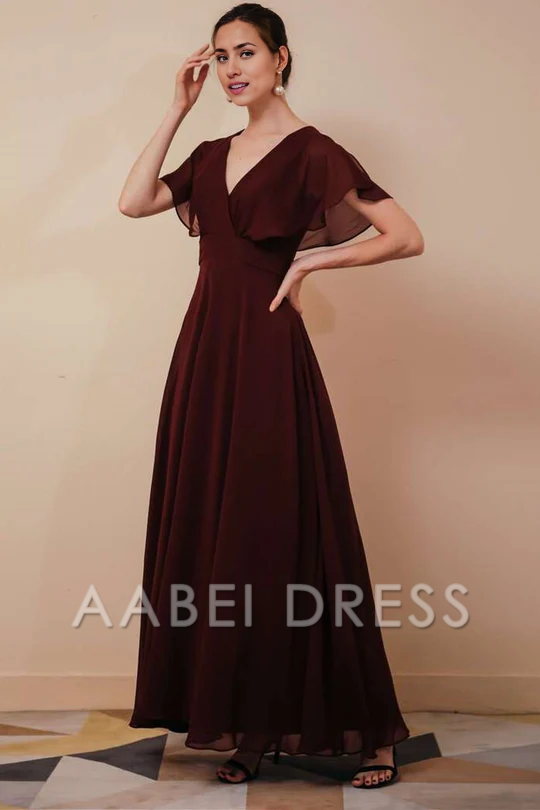 AABEI DRESS High Quality Mother of The Bride Dress Chiffon A Line V-Neck Dress with Ruffled Sleeve Elegant Simple Formal Dresses