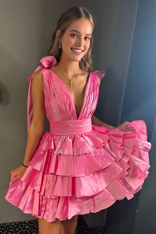 AABEI DRESS New Homecoming Dress Exquisite A-Line Low V-Neck Sleeveless Tiered Satin Pleated Short Prom Dresse