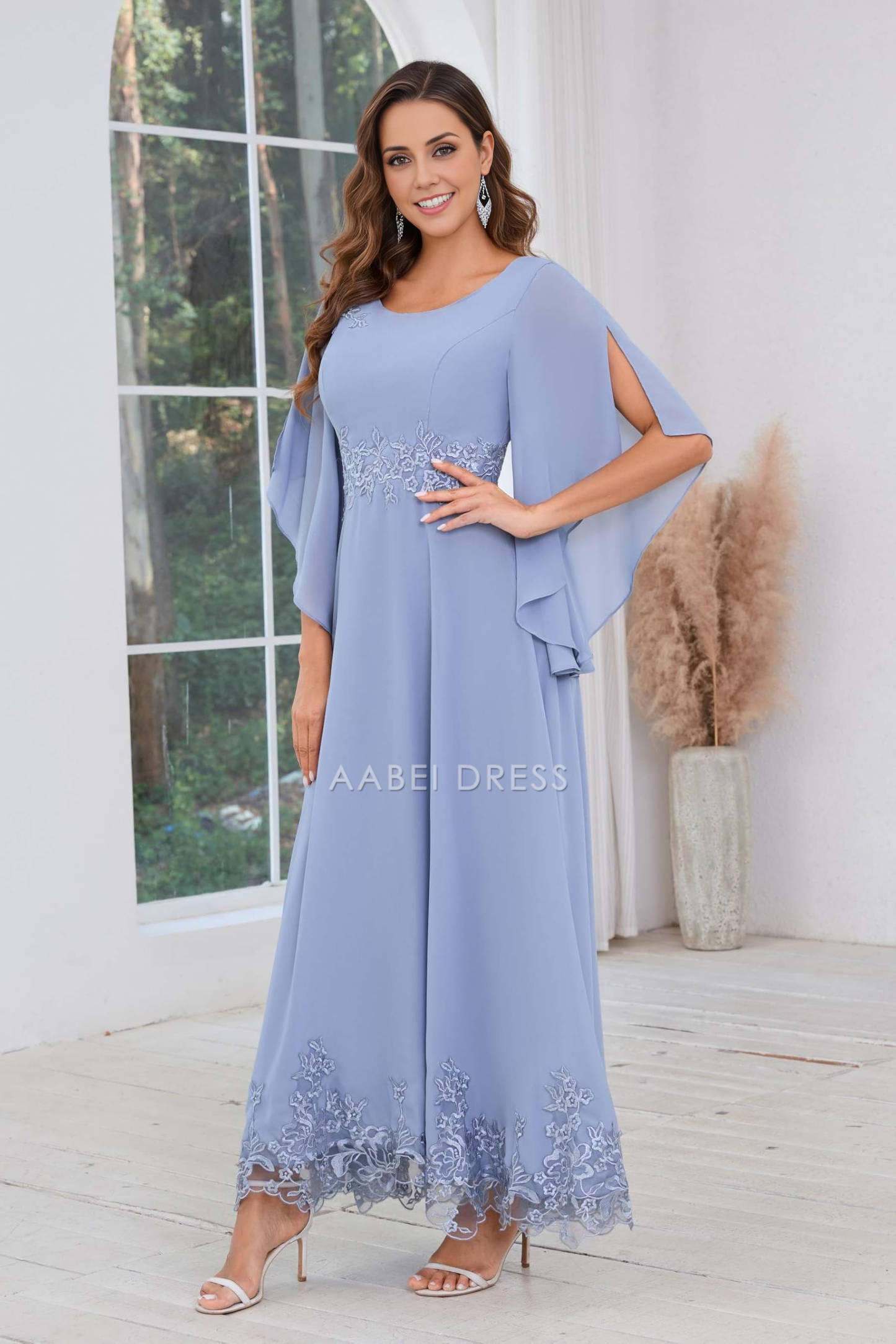 AABEI DRESS High Quality Mother of The Bride Dress A Line Chiffon Ankle Length Flutter Sleeve Lace Applique Dresses Formal Dresses