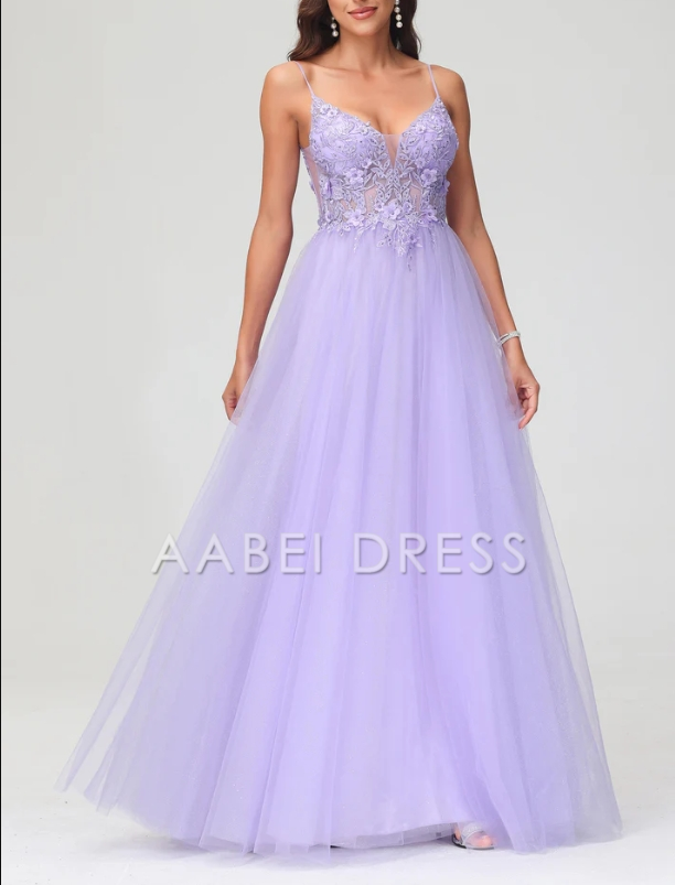 AABEI DRESS Charming A-Line V Neck Spaghetti Straps Tulle Applique Long Dress Exquisite Evening Dress