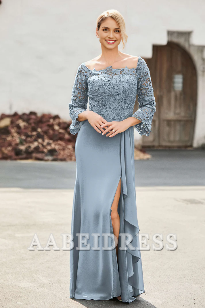 AABEI DRESS Mother of the Bride Dresses Ruffles Long Sleeves Sheath Dress With Slit Elegant Formal Dress Wedding Guests Dresses