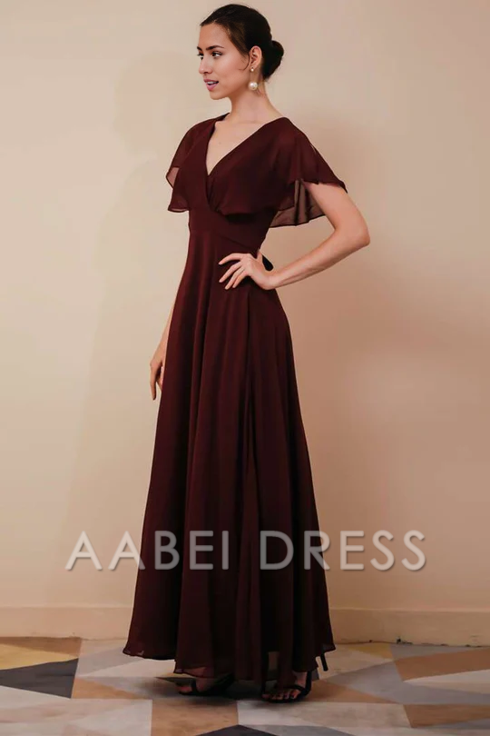 AABEI DRESS High Quality Mother of The Bride Dress Chiffon A Line V-Neck Dress with Ruffled Sleeve Elegant Simple Formal Dresses