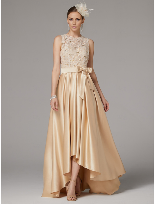 AABEI DRESS Wedding Guest Dress A-Line Elegant Jewel Neck High Low  Asymmetrical Satin Lace Sleeveless Floor Length with Bow(s) Pleats Mother of the Bride Dress