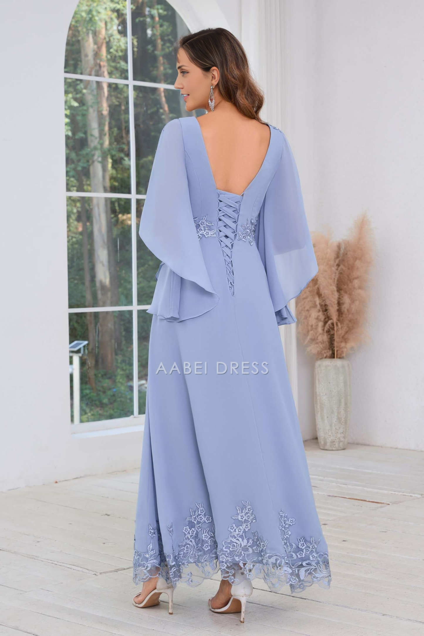 AABEI DRESS High Quality Mother of The Bride Dress A Line Chiffon Ankle Length Flutter Sleeve Lace Applique Dresses Formal Dresses