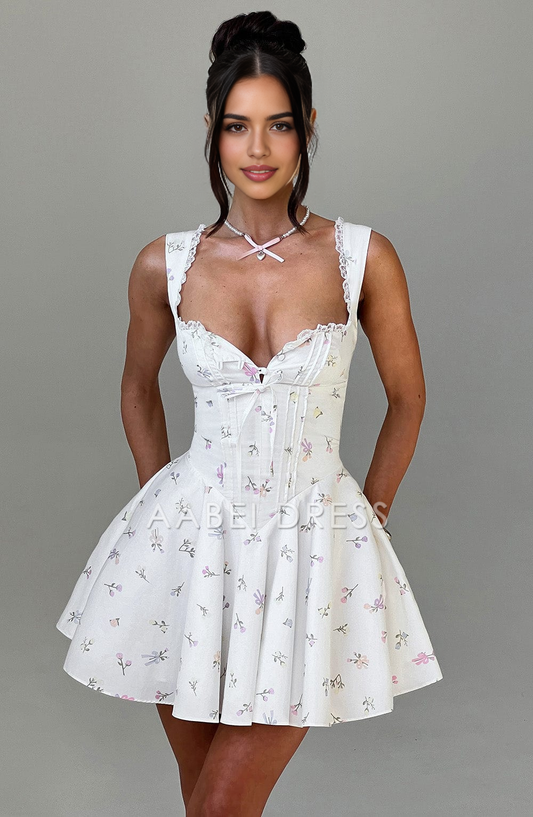 AABEI DRESS Hot Sale Homecoming Dress A Line Wide Shoulder Strap Sleeveless Floral Print Mini Dress Sweet Short Prom Dresse