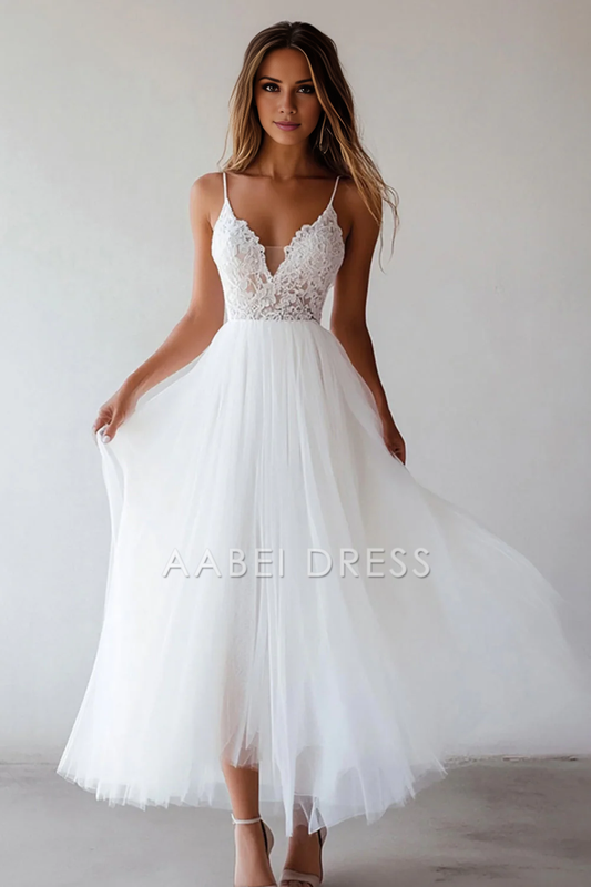 AABEI DRESS Hot Sale Homecoming Dress Elegant A Line Spaghetti Strap Lace Tulle Tea Length Fantastic Graduation Dress