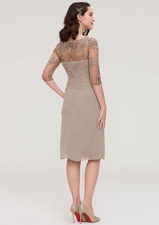 Elegant Wedding Guest Dresses Chiffon Sheath/Column Boat Neck Half Sleeve Pleated Lace Appliqued With Jacket Two-Piece Knee-Length Bargain Mother of the Bride Dress