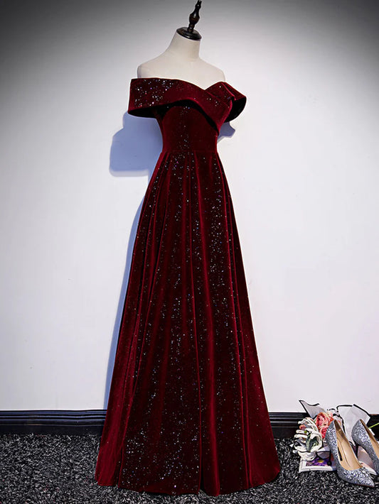 A-Line Velvet Dress Off Shoulder Long Evening Dress Elegant Formal Shining Dress