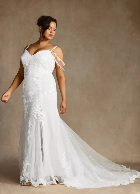 Exquisite White Mermaid Spaghetti Strap V Neck Sleeveless Beaded Tassel Sequins Tulle Lace Applique Side Fork Plus Size Hot Sale Wedding Dress