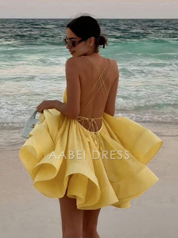 AABEI DRESS New Homecoming Dress Fashion Pleated A-line Hem Mini Dresses Sexy Sleeveless Backless Lace-up Dress Holiday Beachwear Prom Dress