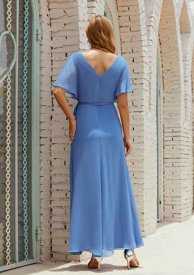 Classic Simple Blue Chiffon A-line V Neck Flutter Short Sleeve With Pleated Sashes Affordable Ankle Length Bridesmaid Dress