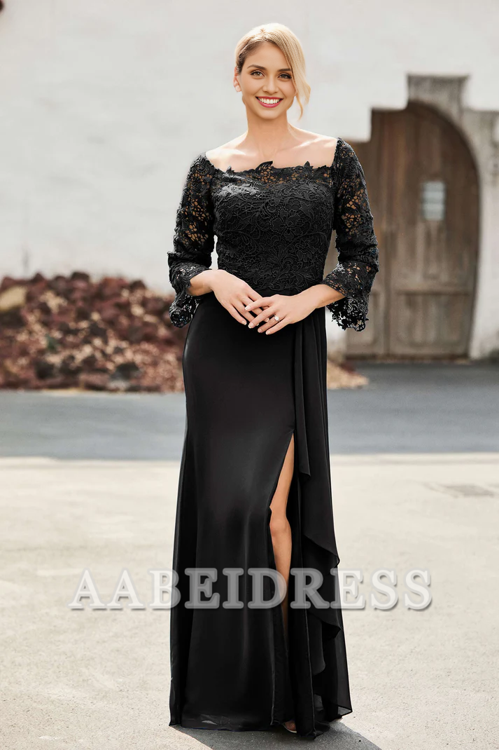 AABEI DRESS Mother of the Bride Dresses Ruffles Long Sleeves Sheath Dress With Slit Elegant Formal Dress Wedding Guests Dresses