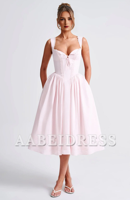 Formal Wear Dresses Bridesmaid Dresses Lace Trim Square Neckline Lace up sweet Midi Dress Wedding Guests Dresses