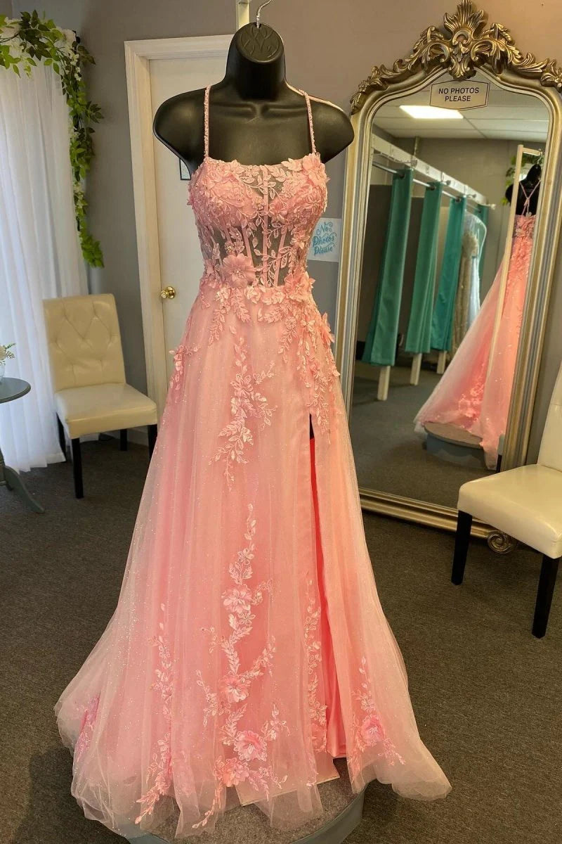 Coral Sparkle Tulle Gorgeous A Line Spaghetti-Straps Sleeveless With Lace Appliques Side Fork Exquisite Wedding Guest Dress Long Hot Sale Prom Dresses