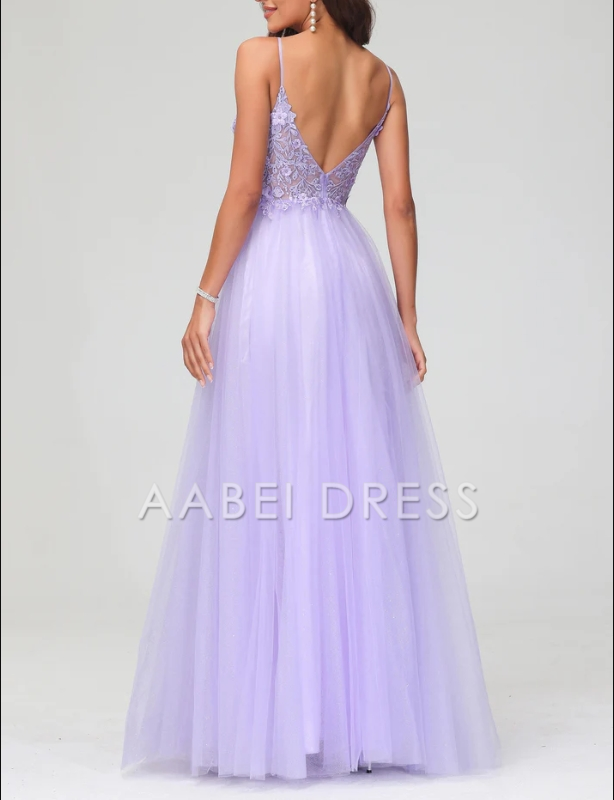 AABEI DRESS Charming A-Line V Neck Spaghetti Straps Tulle Applique Long Dress Exquisite Evening Dress