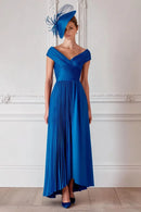 Chic Royal Blue A Line Off the Shoulder V Neck Sleeveless Pleated Dress Long Elegant Wedding Guest Dress For Women Hot Sale Mother of the Bride Dress