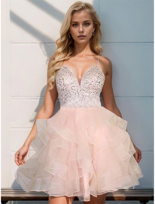 AABEI DRESS New Homecoming Dress A-Line Open Back Dress Graduation Sleeveless Spaghetti Strap Organza with Sequin Sexy Short Prom Dresses