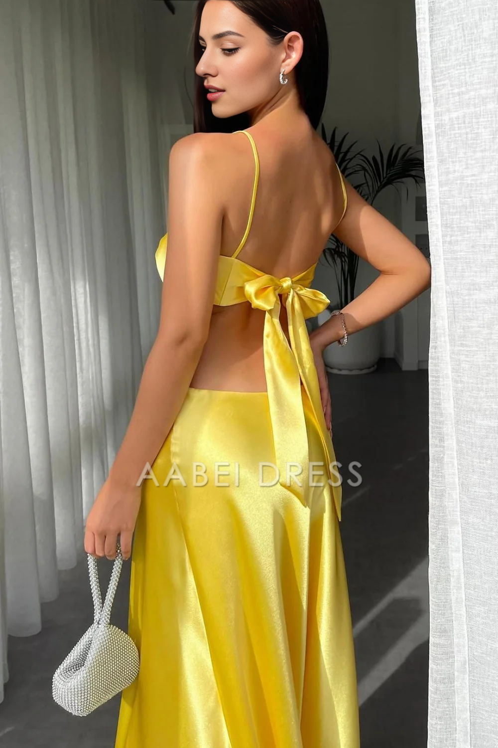 AABEI DRESS Prom Dress Stylish Sheath Waist Hollow Backless Tie Back Long Satin Charming Formal Dress