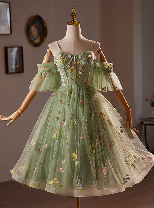 AABEI DRESS New Homecoming Dress Exquisite A-Line Spaghetti Straps Sleeveless Flower Tea Length Short Prom Dresse