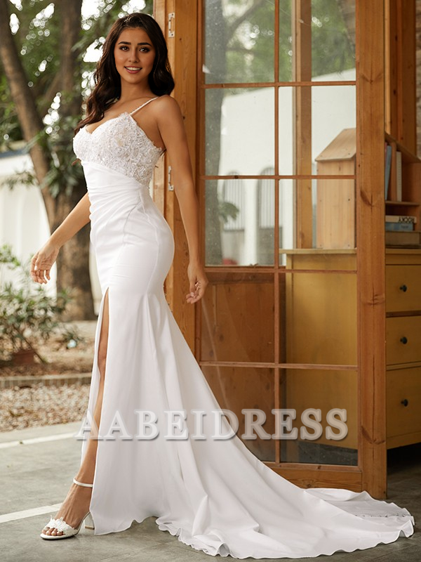 AABEI DRESS Wedding Dresses Mermaid Sheath/Column Stretch Crepe Lace V-neck Sleeveless Sweep/Brush Train Elegant Dresses