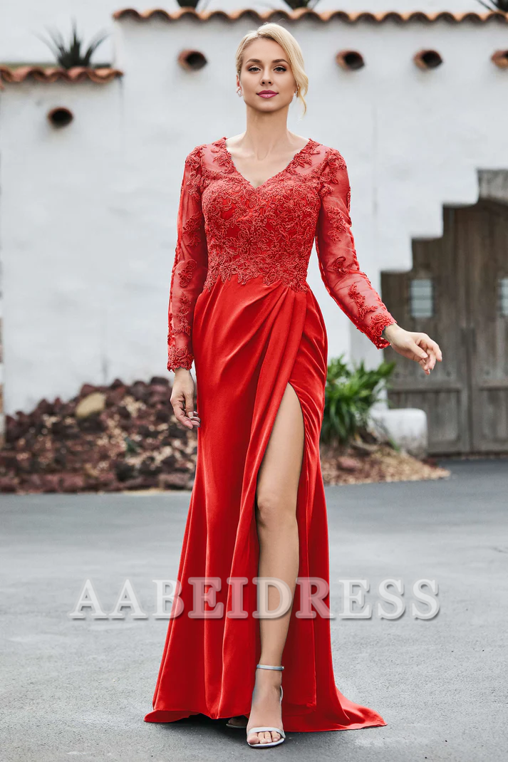 AABEI DRESS Mother of the Bride Dresses Lace V-neck Long Sleeves High Slit Elegant Dress Wedding Guests Dresses