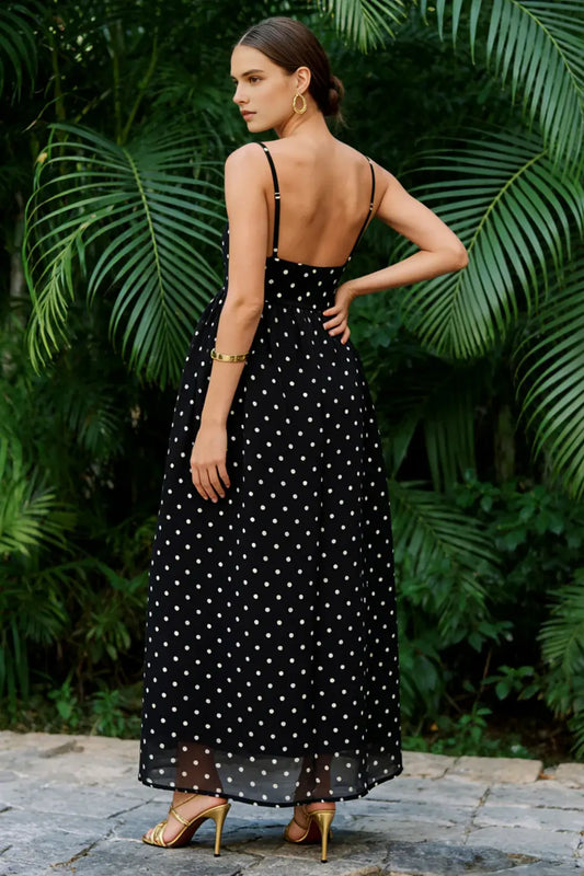 Fashion Prom Dress Black White A Line Polka Dots Spaghetti Strap Sleeveless Backless Pregnant Woman Bargain Long Wedding Guest Dress