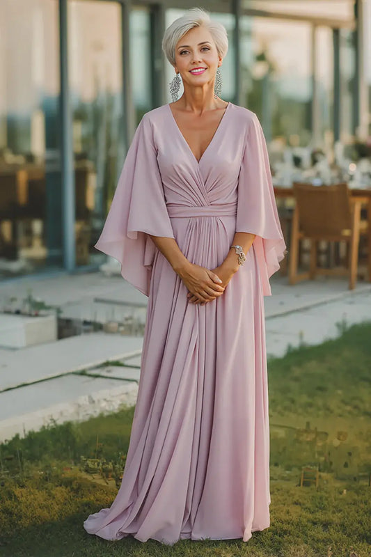 Dusty Rose Elegant A Line V-Neck Flowy Sleeves V Back Ruched Long Wedding Guest Dress For Women New Style Mother of the Bride Dress