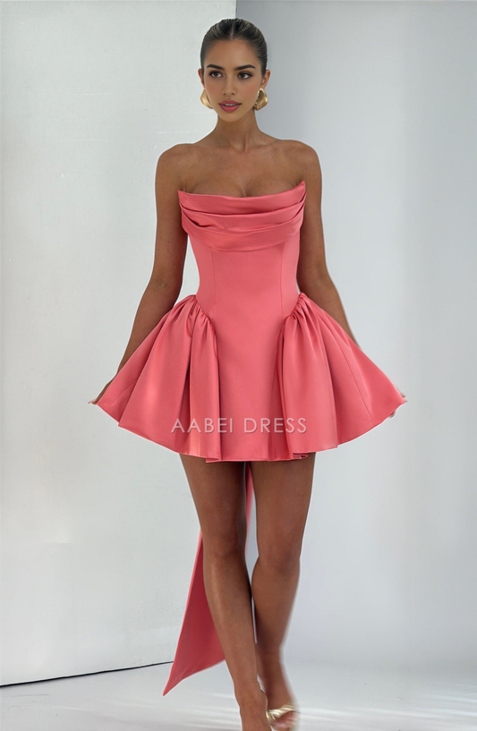 AABEI DRESS Hot Sale Homecoming Dress Exquisite Scooped neckline strapless Pleated Detachable bow Mini Dress Cute Short Prom Dresse