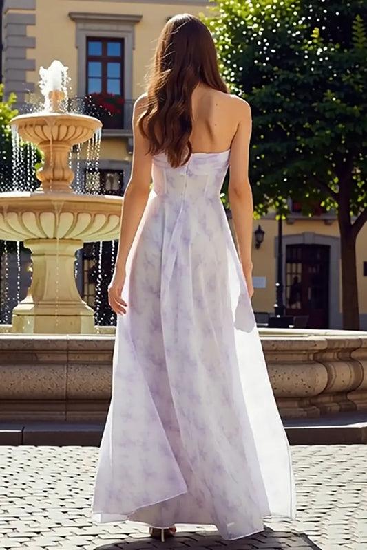 Romantic Prom Dress Lilac Floral A Line Strapless Corset Sleeveless Backless Ruched Bargain Long Wedding Guest Dress