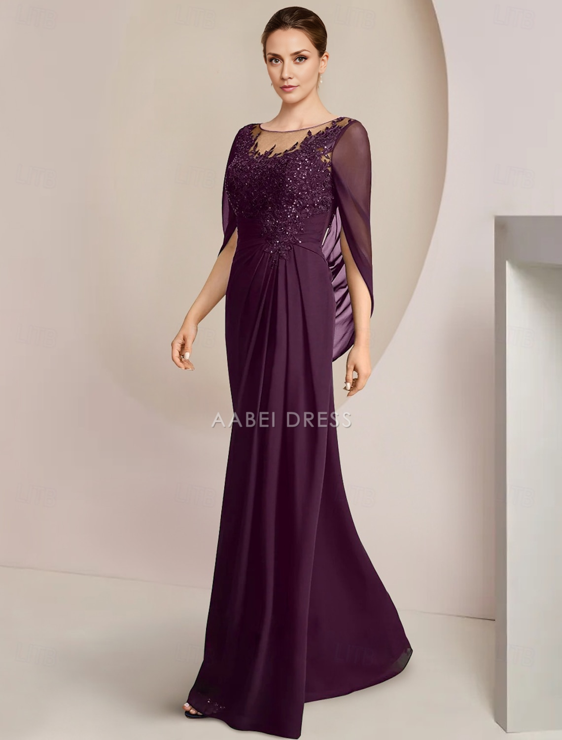 AABEI DRESS Wedding Guest Dress Elegant Sheath Jewel Neck Floor Length Chiffon Half Sleeve with Lace Side-Draped Mother of the Bride Dress