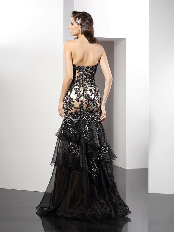 Sheath/Column Sweetheart Applique Sleeveless Long Woven Satin Dresses