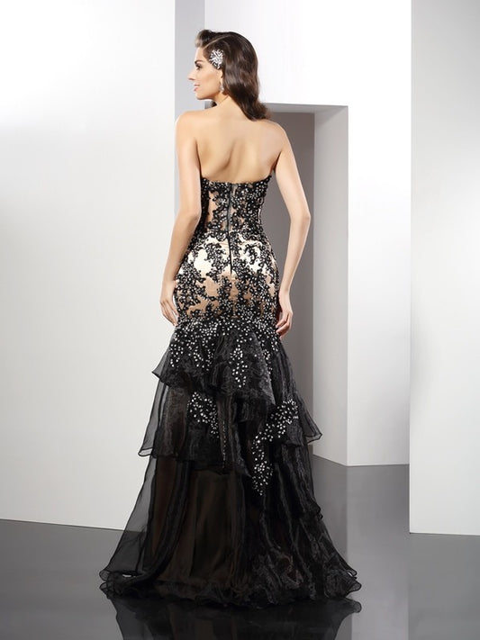 Sheath/Column Sweetheart Applique Sleeveless Long Woven Satin Dresses