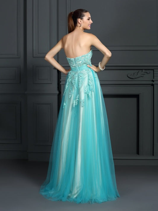 A-Line/Princess Sweetheart Applique Sleeveless Long Woven Satin Dresses