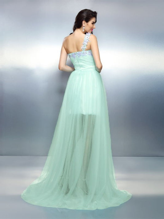 Sheath/Column One-Shoulder Applique Sleeveless Long Woven Satin Dresses